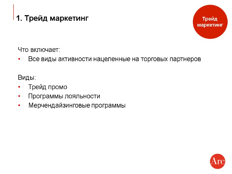 1. Трейд маркетинг Что включает: Все виды активности нацеленные на торговых партнеров  Виды: